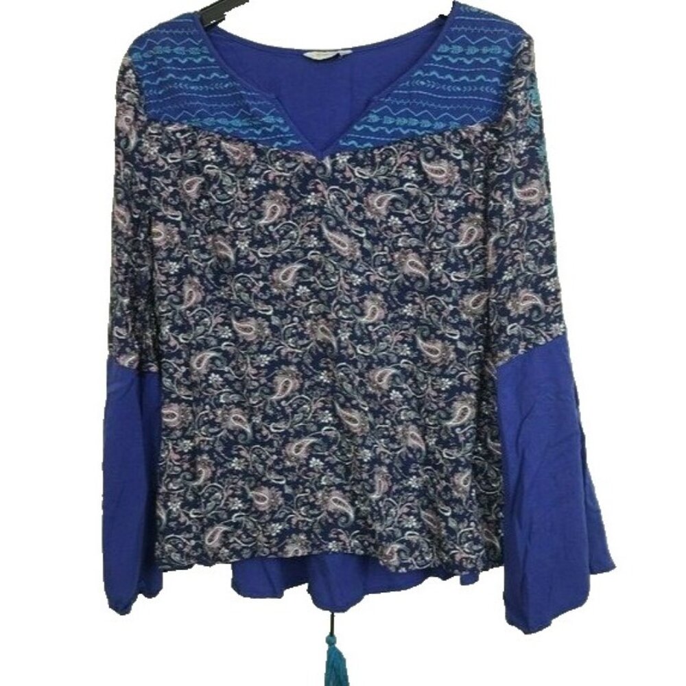 Ariat BOHO Western Top Womens Medium Blue Paisley Embroidered Bell Sleeve Casual